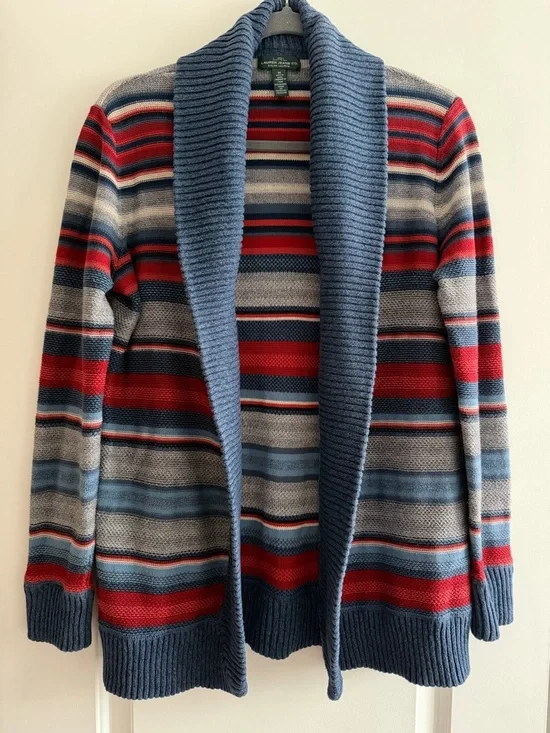 Ralph Lauren Blue-Trim Multicolor Striped Open-Front Cardigan - Picture 3 of 7